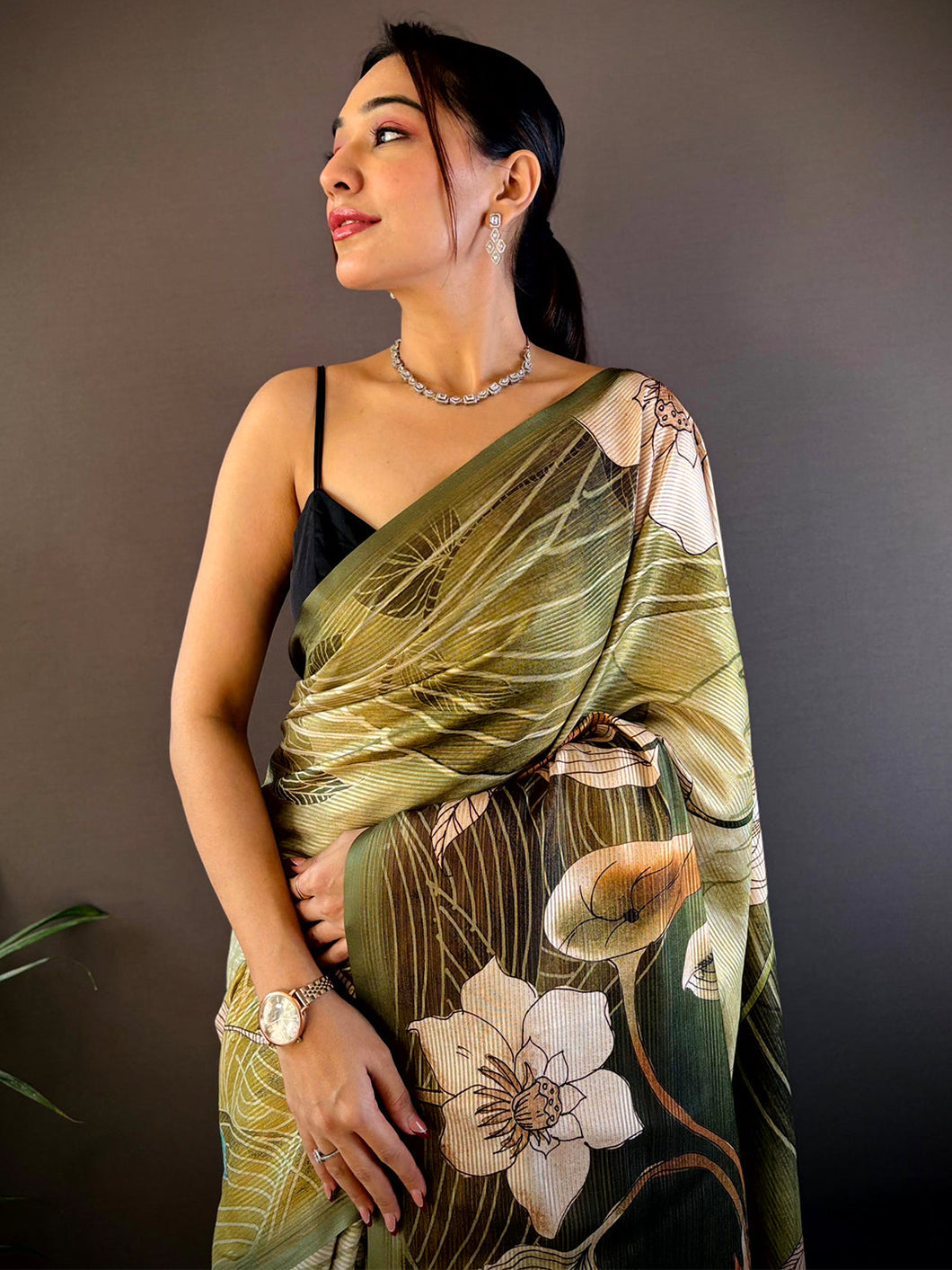 Olive Semi Zari Tussar Botanical Saree