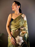 Olive Semi Zari Tussar Botanical Saree