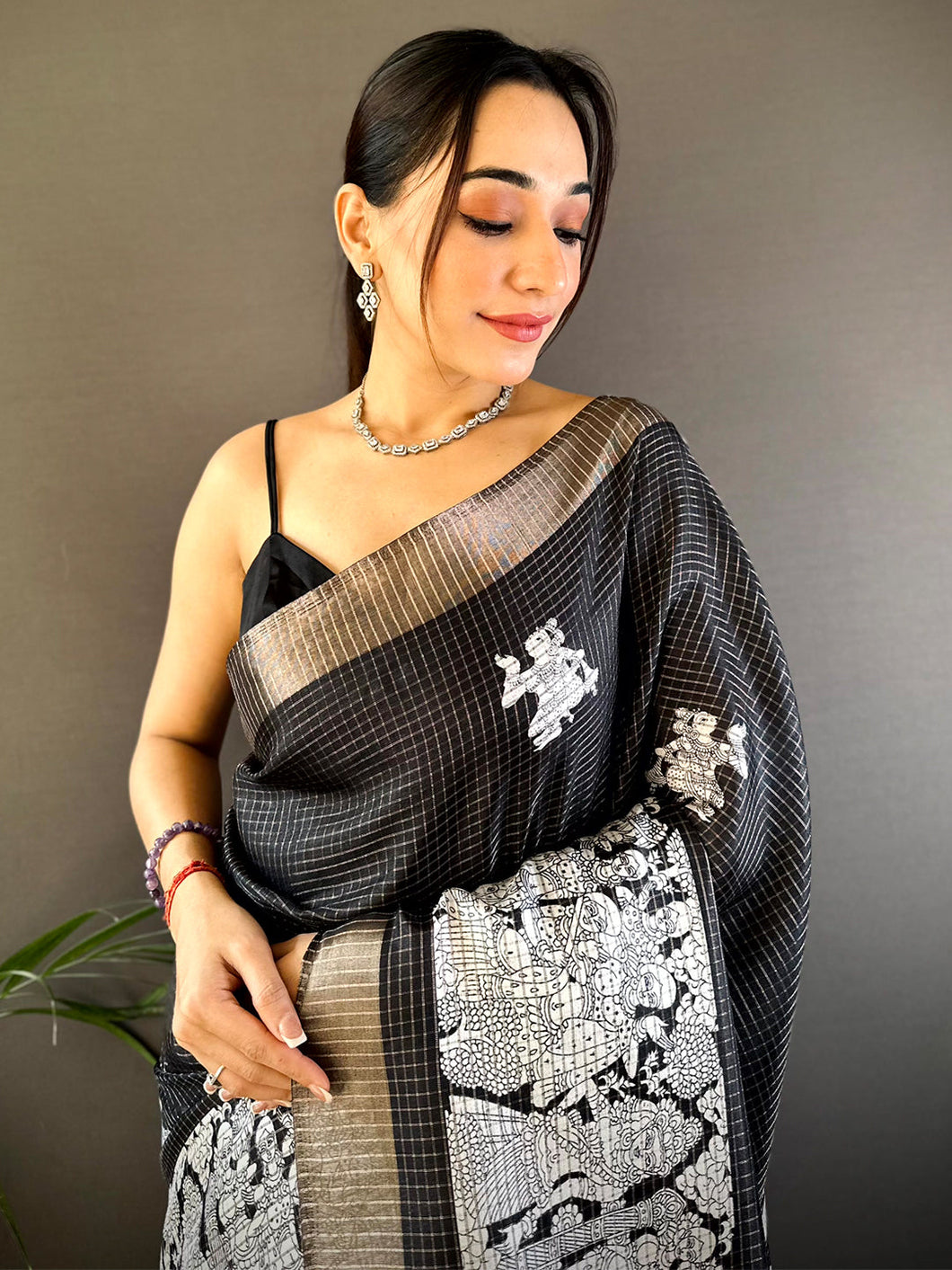 Black Tussar Chex Kalamkari Elegance Saree