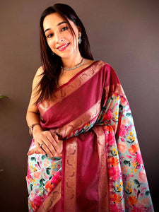 Opulent Wine Banarasi Soft Silk Saree with floral design