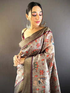 Grey Kalamkari Tussar Silk Saree