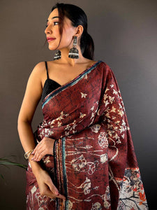 Wine Monochromatic Botanical Print Saree