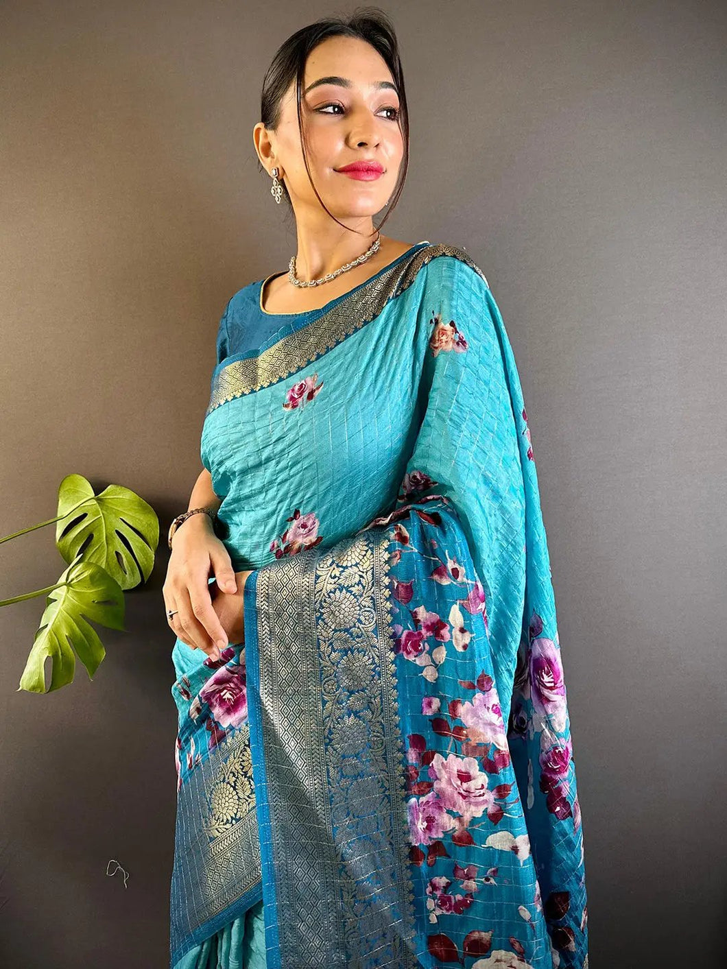 Turquoise Floral Zari Chex Saree