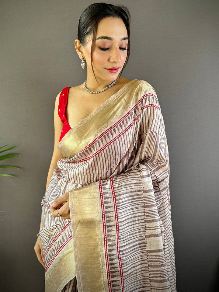 Beige Ghicha Tussar Block Print Saree