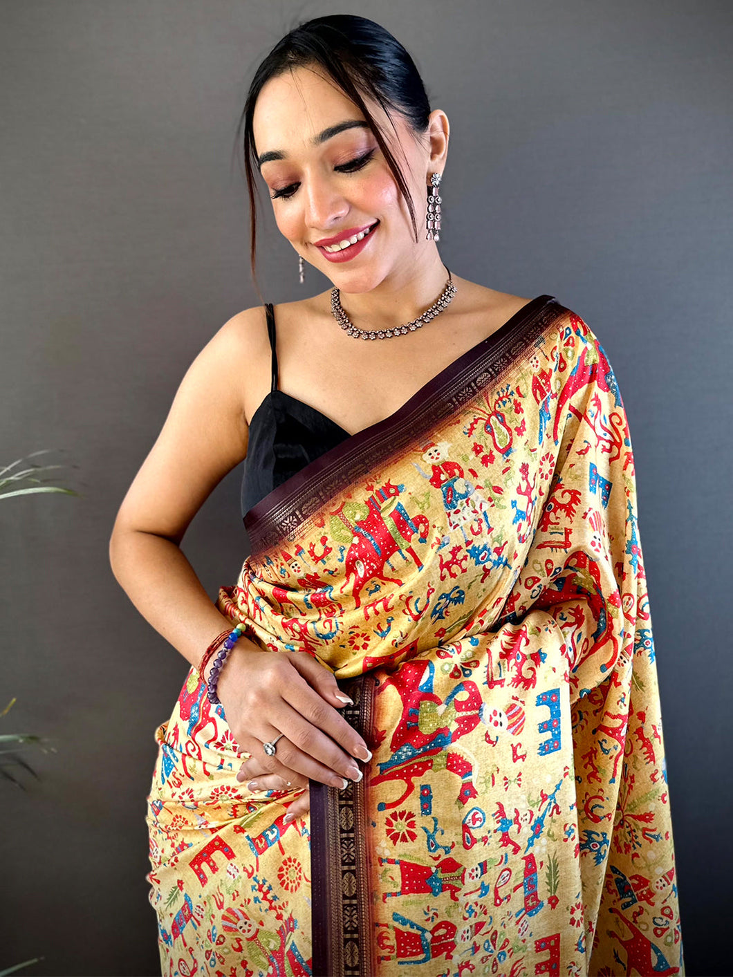 Yellow Soft Silk Block Print Saree