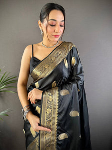 Black Banarasi Soft Satin Masru Mango Silk Saree