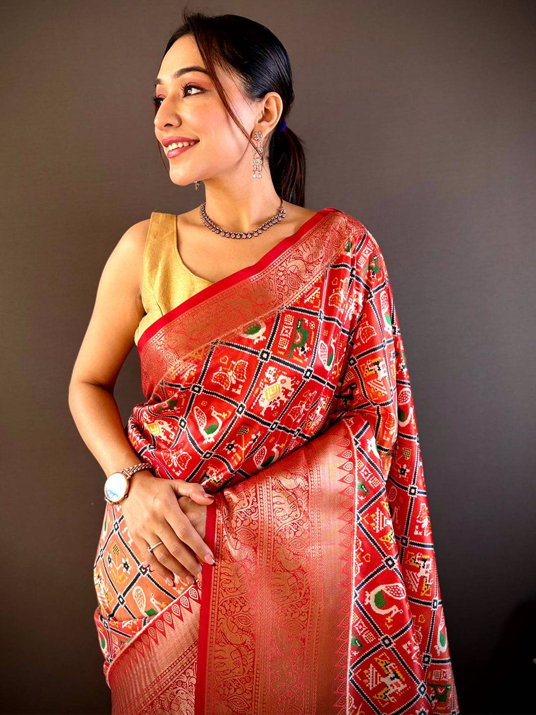 Ombre Red Soft Silk Patola Print Saree with intricate designs