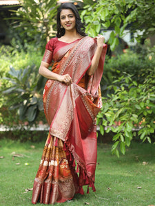 Orange Hand Kalamkari Printed Pure Viscose Dola Silk Saree - Luxe