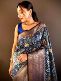 Ombre navy soft silk saree with Patola print, side view