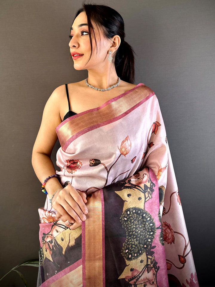 Baby Pink Soft Silk Tissue Pichwai Print Saree