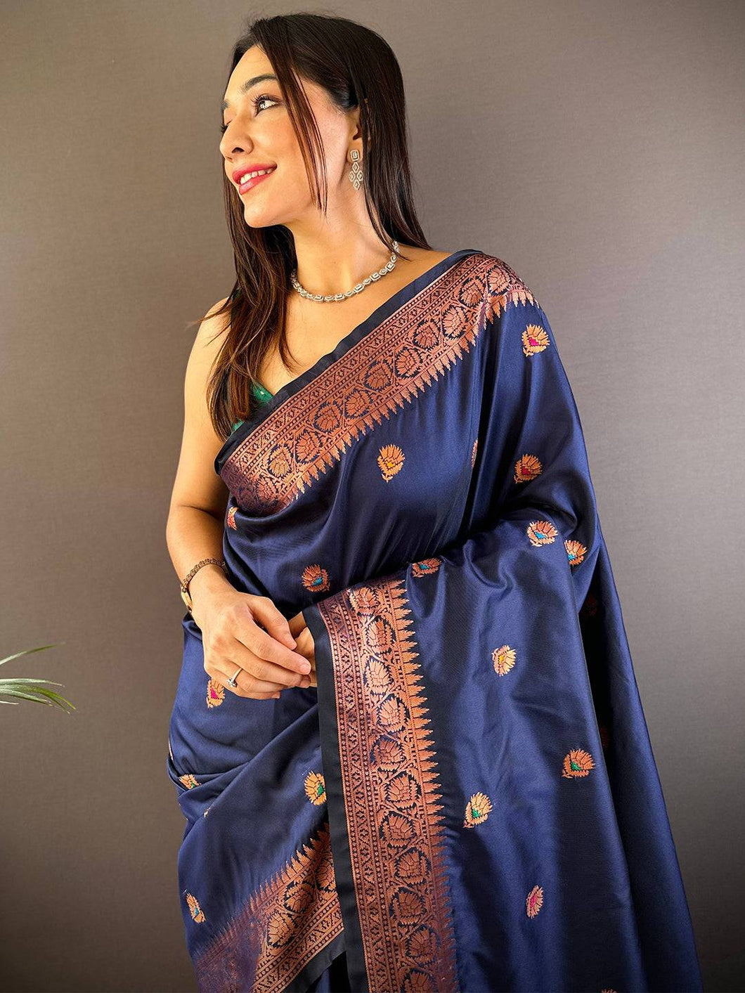 Navy Blue Soft Silk Coppar Zari Weaving Saree