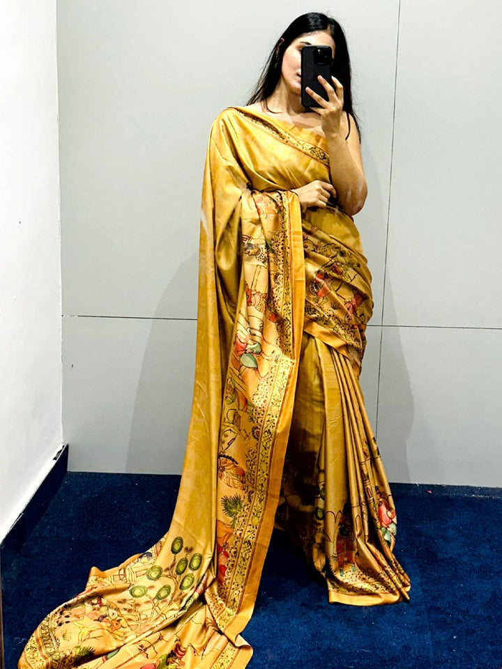 Gold Free Hand Kalamkari Print Saree