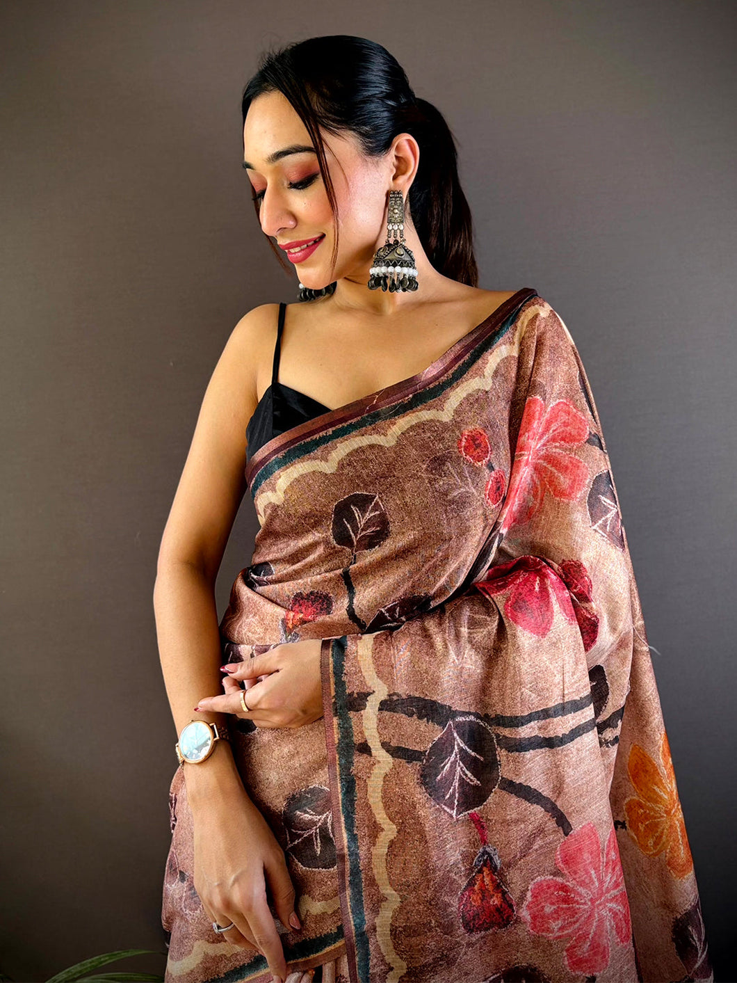 Light Brown Folklore Tissue Chanderi Saree