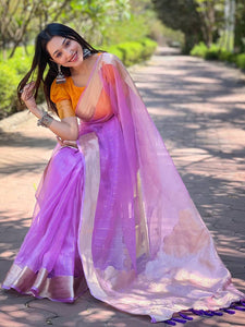 Purple Pure Viscose Organza Saree With Fine Gold Zari Weaving Border