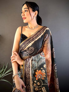 Orange Kalamkari Bandhani Chanderi Saree