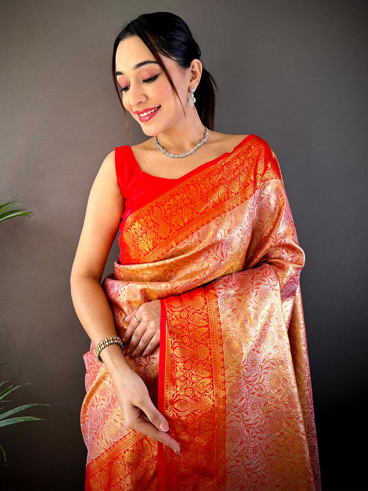 Gold Zari Floral Saree in Red