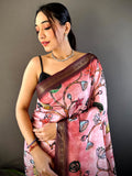 Pink Soft Silk Freehand Kalamkari Print Saree