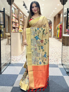 Incredible Pen Kalamkari Linen Tissue Soft Saree