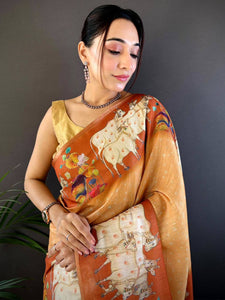 Orange Chanderi Pichwai Print Saree