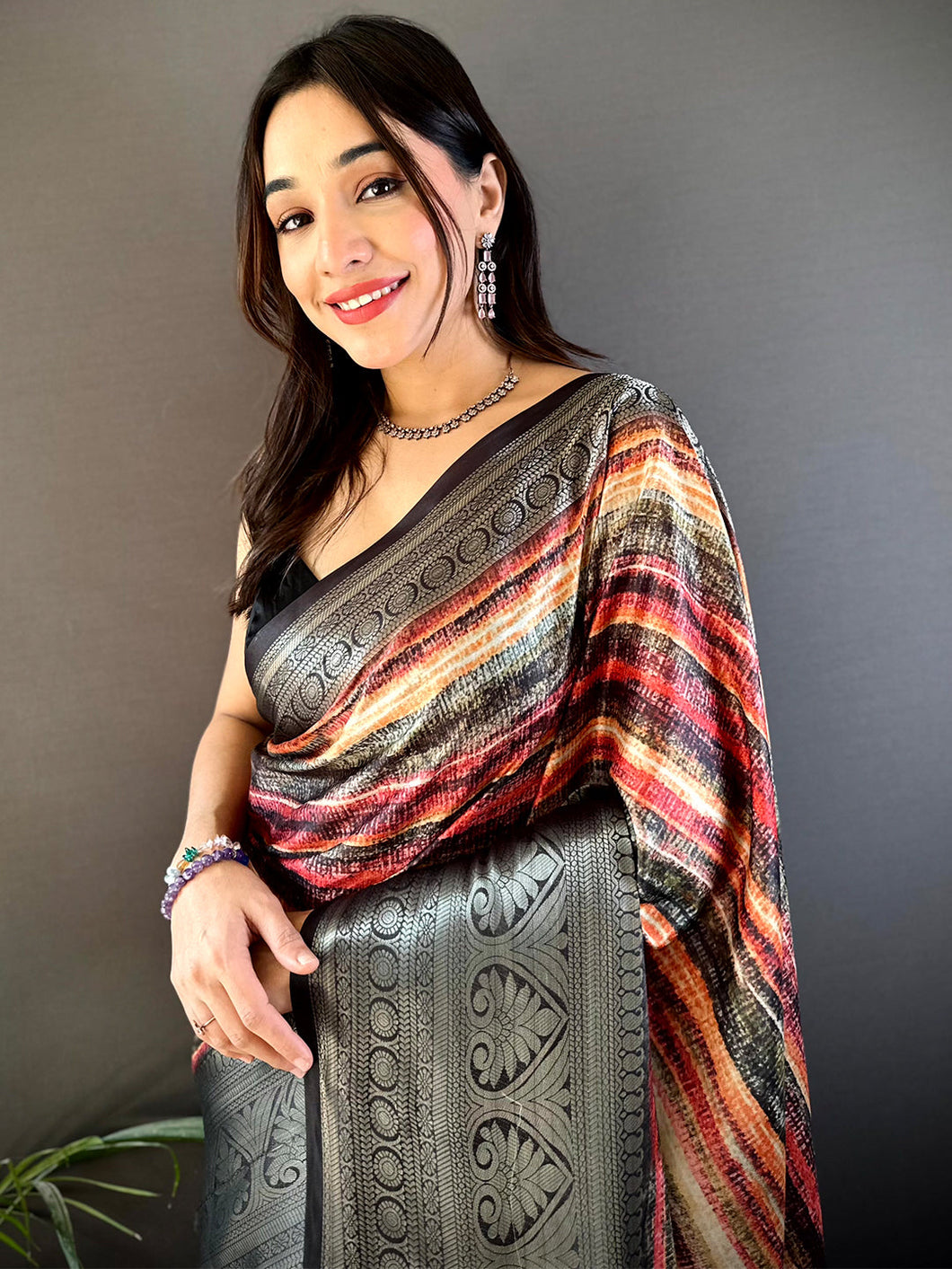 Black Silk Abstract Striped Kalamkari Pallu Saree