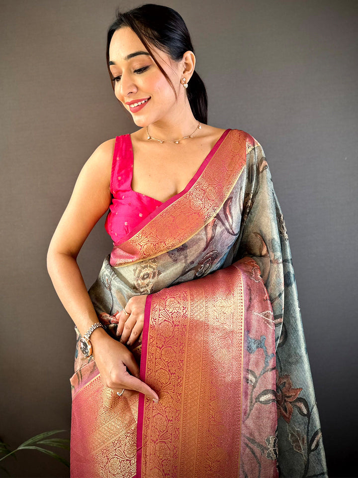 Omber Kalamkari Gold Zari Tissue Saree