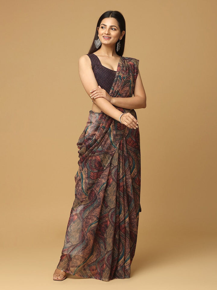 Geometric Printed Coffee Brown Poly Georgette Saree