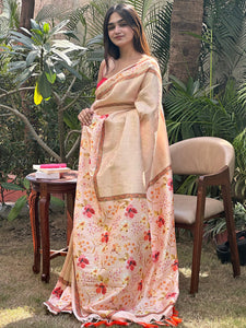 Peach Banarasi Kanjivaram Floral Print Saree