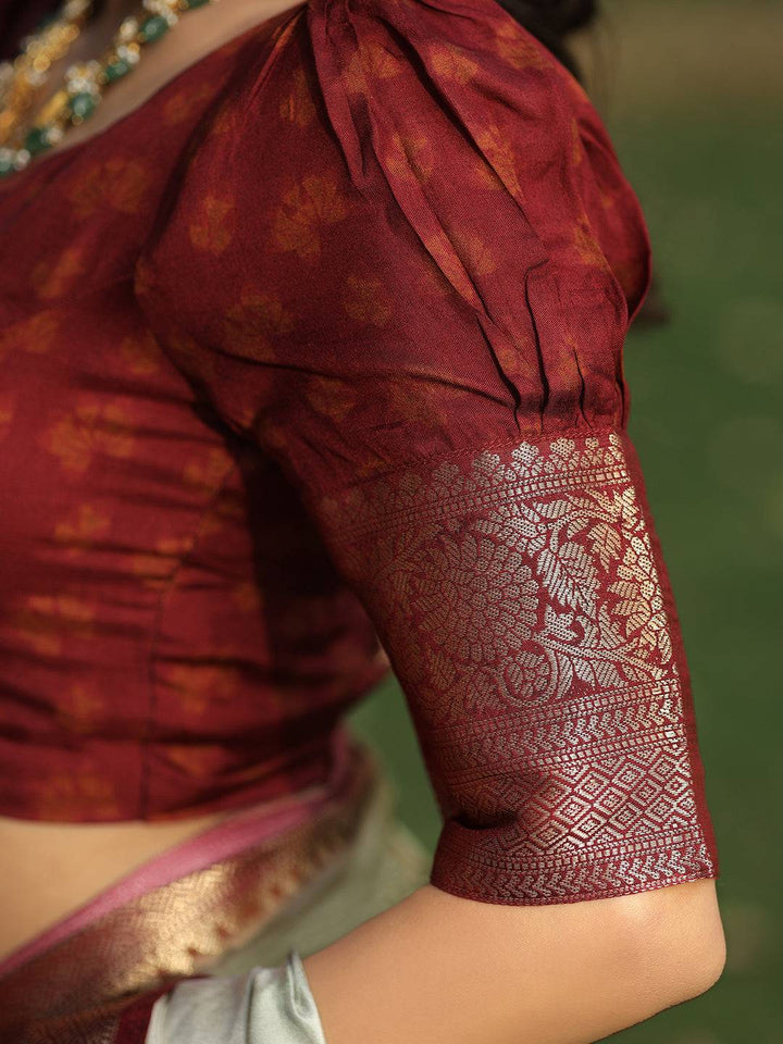 Viscose Dola Silk Pista Colour Saree with Floral and Mughal Print - Luxe