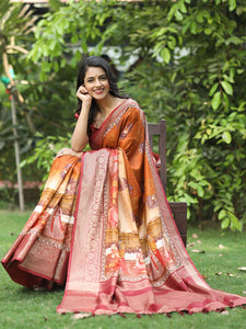 Orange Hand Kalamkari Printed Pure Viscose Dola Silk Saree - Luxe