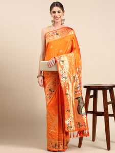 Yevla Paithani Minakari Work Silk Saree in Orange Colour