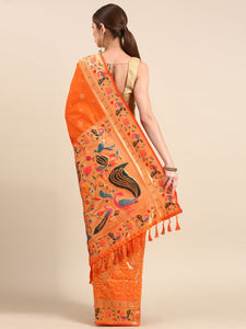 Yevla Paithani Minakari Work Silk Saree in Orange Colour