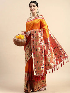 Exquisite Yevla Paithani Minakari Work Silk Saree in Orange Colour