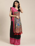  Black & Pink Linen Blend Solid Ikat Saree