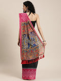 Black & Pink Linen Blend Solid Ikat and Kalamkari Print Saree