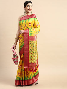 Exclusive Ikkat Digital Print With Patola Pallu Soft Silk Saree