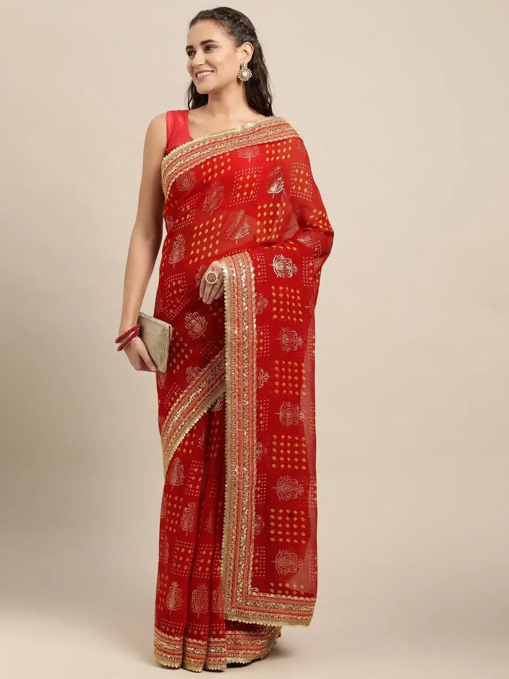 Poly Chiffon Bandhej & Foil Print Festive Wear Saree