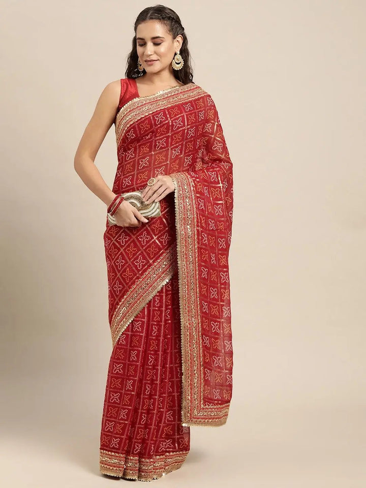 Poly Chiffon Bandhej & Foil Print Festive Wear Saree