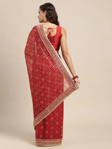 Poly Chiffon Bandhej & Foil Print Festive Wear Saree