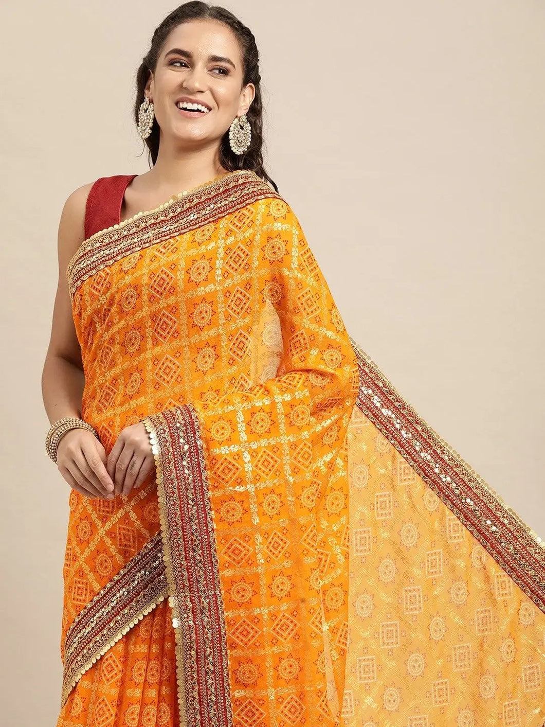 Chiffon Bandhej And Foli Print Saree