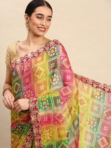 Chiffon Bandhani Saree With Foil Print Work 