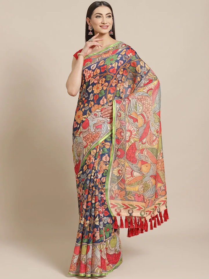 Pure Linen Pen Kalamkari Digital Print Saree