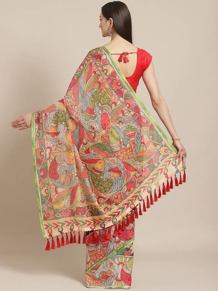 Pure Linen Pen Kalamkari Digital Print Party Wear Saree