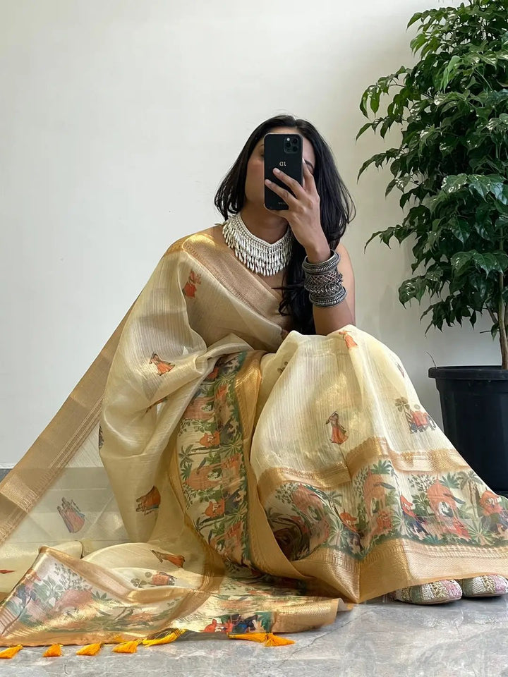 Exclusive Soft Gold Zari Tissue Digital Print Saree