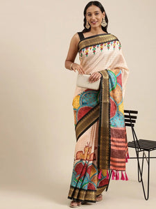 White Uppada Silk Kalamkari Digital Print Saree