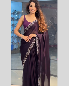 Purple Party Wear Saree with Handmade Diamond Work