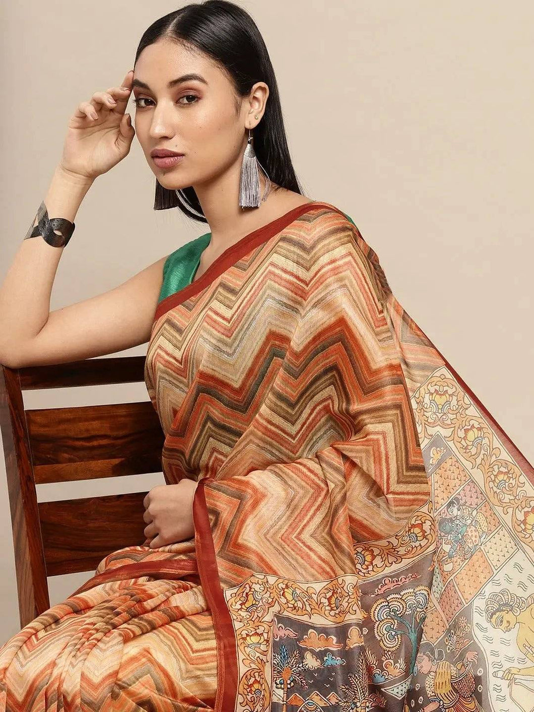 Beautiful Digital Print Kalamakri Design Soft Linen Saree