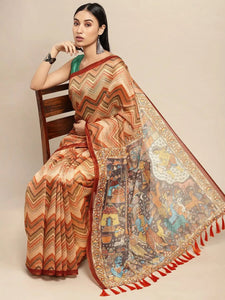 Beautiful Digital Print Kalamakri Design Soft Linen Saree