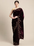 Burgundy Colour Exclusive Embroidered Velvet Saree