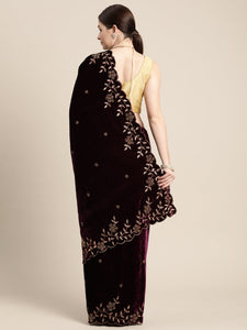 Stylish Burgundy Colour Aari Work Velvet Saree