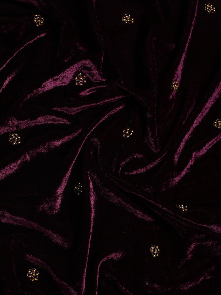 Stylish Burgundy Colour Aari Work Velvet Saree